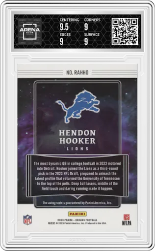 Hendon Hooker from the 2023 Panini Origins set featuring a Gold parallel graded by Arena Club and given an overall grade of 9.