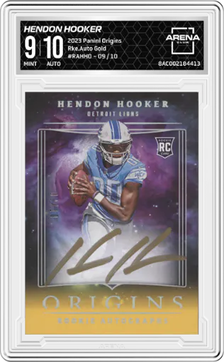 Hendon Hooker from the 2023 Panini Origins set featuring a Gold parallel graded by Arena Club and given an overall grade of 9.
