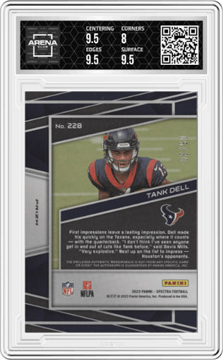Tank Dell from the 2023 Panini Spectra set featuring a Neon Purple parallel graded by Arena Club and given an overall grade of 8.5.