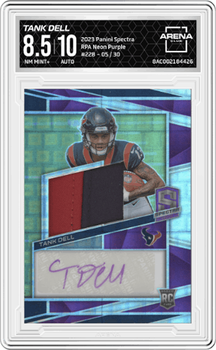 Tank Dell from the 2023 Panini Spectra set featuring a Neon Purple parallel graded by Arena Club and given an overall grade of 8.5.