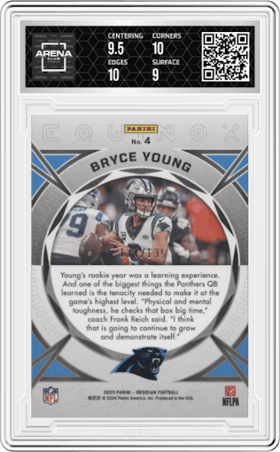 Bryce Young from the 2023 Panini Obsidian set graded by Arena Club and given an overall grade of 9.5.