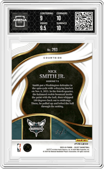 Nick Smith Jr. from the 2023-24 Panini Select  set featuring a FOTL Black Snake Skin Pulsar Prizm parallel graded by Arena Club and given an overall grade of 9.5.