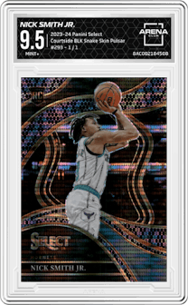 Nick Smith Jr. from the 2023-24 Panini Select  set featuring a FOTL Black Snake Skin Pulsar Prizm parallel graded by Arena Club and given an overall grade of 9.5.