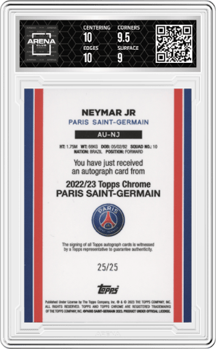 Neymar Jr from the 2022-23 Topps Paris Saint-Germain Team Set set featuring a Orange parallel graded by Arena Club and given an overall grade of 9.5.