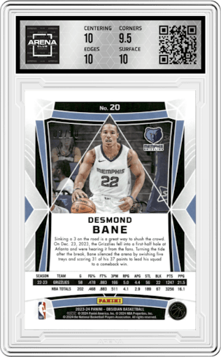 Desmond Bane from the 2023-24 Panini Obsidian set featuring a Electric Etch Molten Mojo  parallel graded by Arena Club and given an overall grade of 10.