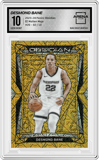 Desmond Bane from the 2023-24 Panini Obsidian set featuring a Electric Etch Molten Mojo  parallel graded by Arena Club and given an overall grade of 10.