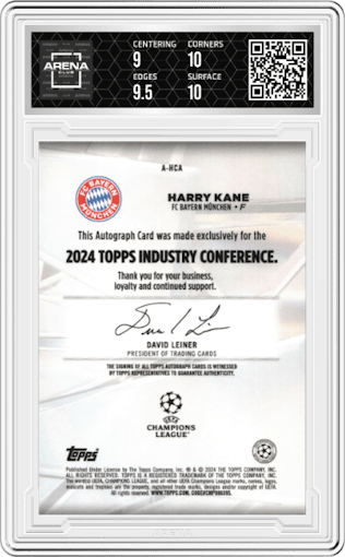 Harry Kane from the 2024 Topps Industry Conference set graded by Arena Club and given an overall grade of 9.5.