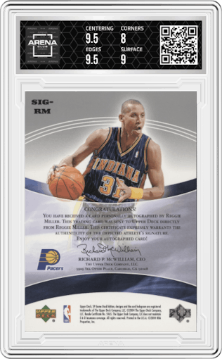 Reggie Miller from the 2004-05 Upper Deck SP Game Used set graded by Arena Club and given an overall grade of 8.5.