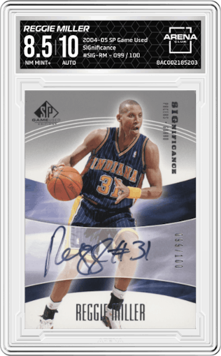 Reggie Miller from the 2004-05 Upper Deck SP Game Used set graded by Arena Club and given an overall grade of 8.5.