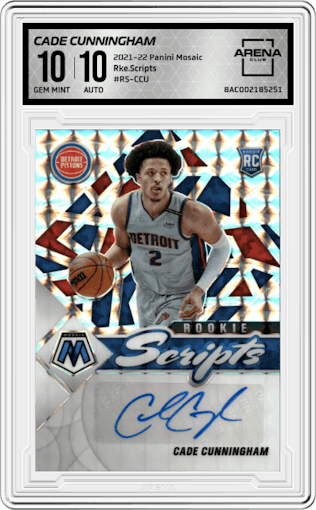 Cade Cunningham from the 2021-22 Panini Mosaic  set graded by Arena Club and given an overall grade of 10.