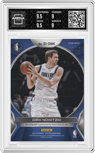 Dirk Nowitzki from the 2017-18 Panini Spectra set graded by Arena Club and given an overall grade of 9.5.