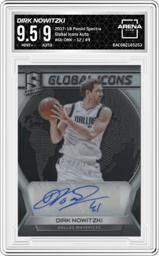 Dirk Nowitzki from the 2017-18 Panini Spectra set graded by Arena Club and given an overall grade of 9.5.