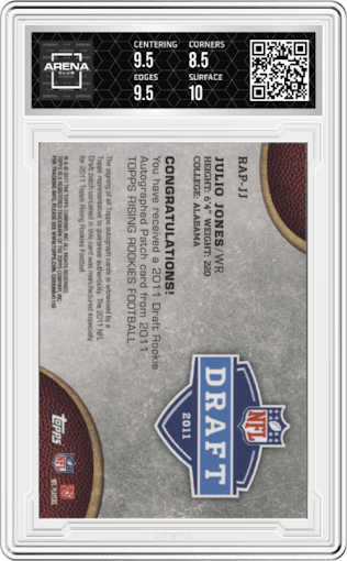 Julio Jones from the 2011 Topps Rising Rookies set graded by Arena Club and given an overall grade of 9.