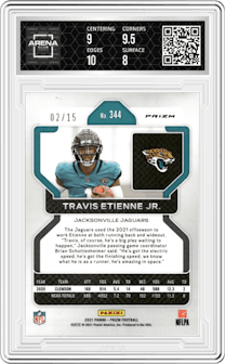 Travis Etienne Jr. from the 2021 Panini Prizm set featuring a Forest Camo parallel graded by Arena Club and given an overall grade of 8.5.