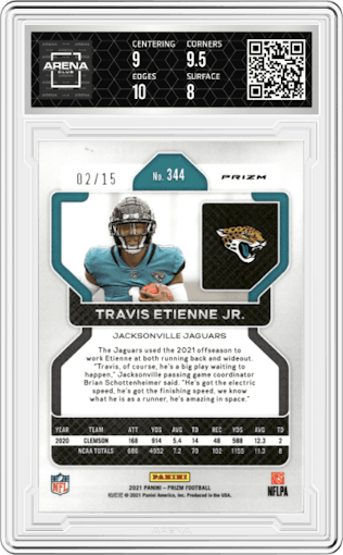 Travis Etienne Jr. from the 2021 Panini Prizm set featuring a Forest Camo parallel graded by Arena Club and given an overall grade of 8.5.