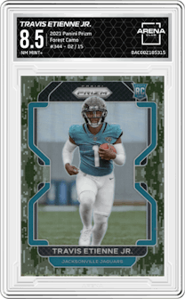Travis Etienne Jr. from the 2021 Panini Prizm set featuring a Forest Camo parallel graded by Arena Club and given an overall grade of 8.5.