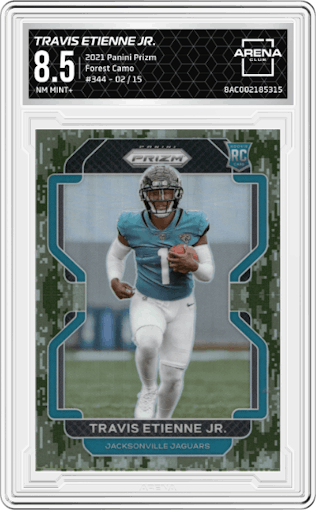 Travis Etienne Jr. from the 2021 Panini Prizm set featuring a Forest Camo parallel graded by Arena Club and given an overall grade of 8.5.