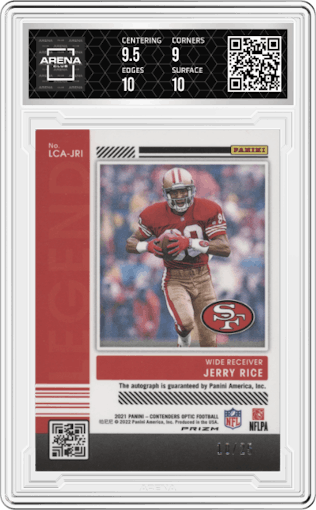 Jerry Rice from the 2021 Panini Contenders Optic set graded by Arena Club and given an overall grade of 9.5.
