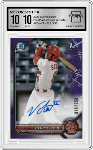 Victor Scott II from the 2022 Bowman Draft set featuring a Purple Refractor parallel graded by Arena Club and given an overall grade of 10.