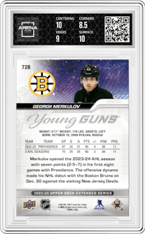 Georgii Merkulov from the 2023-24 Upper Deck Extended Series set graded by Arena Club and given an overall grade of 9.