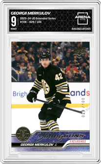 Georgii Merkulov from the 2023-24 Upper Deck Extended Series set graded by Arena Club and given an overall grade of 9.
