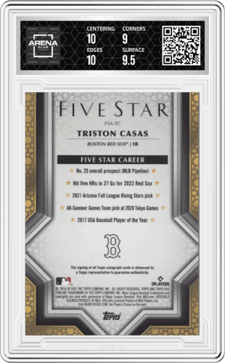 Triston Casas from the 2023 Topps Five Star set graded by Arena Club and given an overall grade of 9.5.
