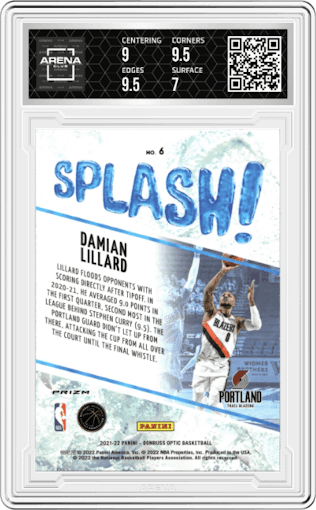 Damian Lillard from the 2021-22 Panini Donruss Optic set featuring a Gold Wave Prizm parallel graded by Arena Club and given an overall grade of 7.5.