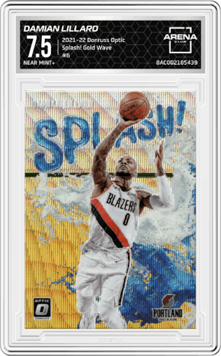 Damian Lillard from the 2021-22 Panini Donruss Optic set featuring a Gold Wave Prizm parallel graded by Arena Club and given an overall grade of 7.5.