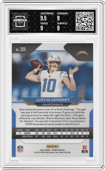 Justin Herbert from the 2020 Panini Prizm set graded by Arena Club and given an overall grade of 9.
