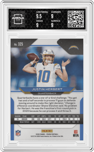 Justin Herbert from the 2020 Panini Prizm set graded by Arena Club and given an overall grade of 9.