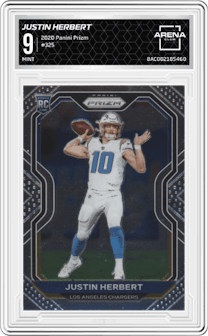 Justin Herbert from the 2020 Panini Prizm set graded by Arena Club and given an overall grade of 9.