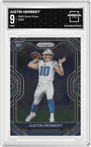 Justin Herbert from the 2020 Panini Prizm set graded by Arena Club and given an overall grade of 9.