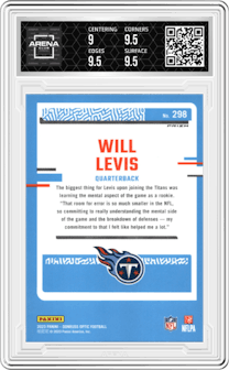 Will Levis from the 2023 Donruss Optic set featuring a Hyper Blue parallel graded by Arena Club and given an overall grade of 9.5.