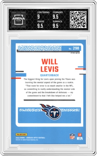 Will Levis from the 2023 Donruss Optic set featuring a Hyper Blue parallel graded by Arena Club and given an overall grade of 9.5.