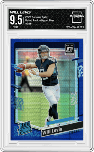 Will Levis from the 2023 Donruss Optic set featuring a Hyper Blue parallel graded by Arena Club and given an overall grade of 9.5.