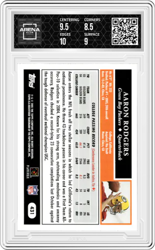 Aaron Rodgers from the 2005 Topps set graded by Arena Club and given an overall grade of 9.