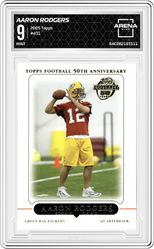 Aaron Rodgers from the 2005 Topps set graded by Arena Club and given an overall grade of 9.