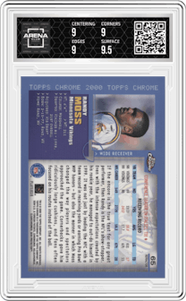 Randy Moss from the 2000 Topps Chrome set featuring a Refractor parallel graded by Arena Club and given an overall grade of 9.