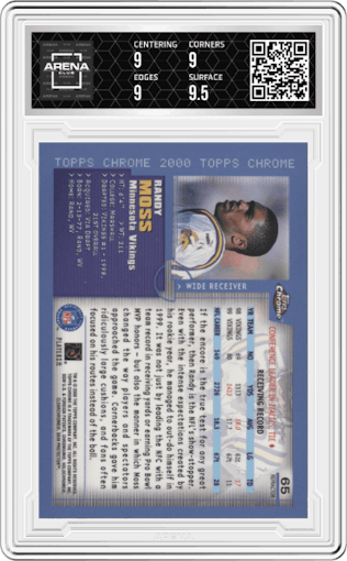 Randy Moss from the 2000 Topps Chrome set featuring a Refractor parallel graded by Arena Club and given an overall grade of 9.