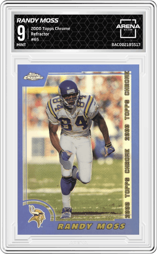 Randy Moss from the 2000 Topps Chrome set featuring a Refractor parallel graded by Arena Club and given an overall grade of 9.
