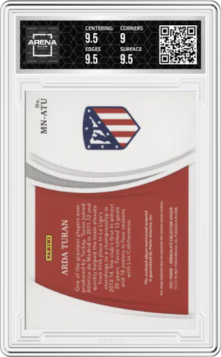 Arda Turan from the 2021-22 Panini Immaculate Collection set featuring a Sapphire parallel graded by Arena Club and given an overall grade of 9.5.