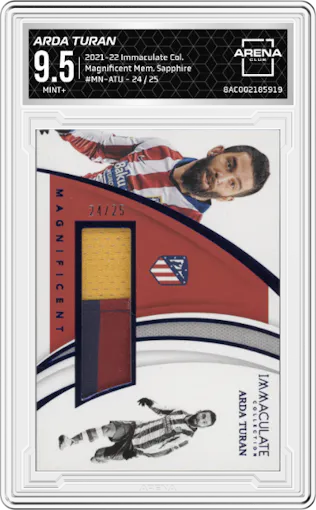 Arda Turan from the 2021-22 Panini Immaculate Collection set featuring a Sapphire parallel graded by Arena Club and given an overall grade of 9.5.