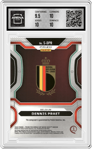 Dennis Praet from the 2022 Panini Prizm FIFA WC Qatar set featuring a Choice Prizm parallel graded by Arena Club and given an overall grade of 10.