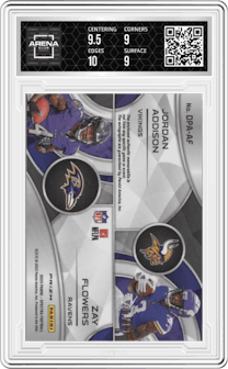 Jordan Addison/Zay Flowers from the 2023 Panini Spectra set featuring a Neon Black Light parallel graded by Arena Club and given an overall grade of 9.5.