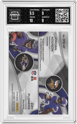 Jordan Addison/Zay Flowers from the 2023 Panini Spectra set featuring a Neon Black Light parallel graded by Arena Club and given an overall grade of 9.5.