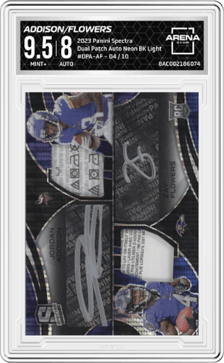 Jordan Addison/Zay Flowers from the 2023 Panini Spectra set featuring a Neon Black Light parallel graded by Arena Club and given an overall grade of 9.5.