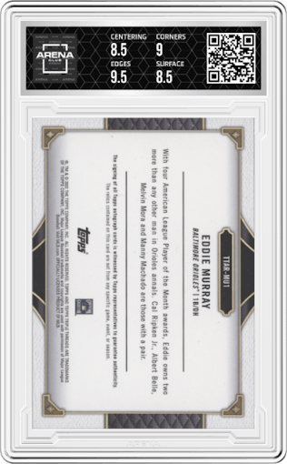 Eddie Murray from the 2022 Topps Triple Threads set featuring a Sapphire parallel graded by Arena Club and given an overall grade of 9.