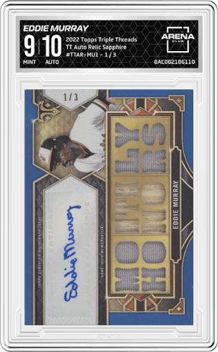 Eddie Murray from the 2022 Topps Triple Threads set featuring a Sapphire parallel graded by Arena Club and given an overall grade of 9.