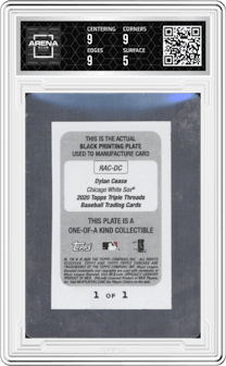 Dylan Cease from the 2020 Topps Triple Threads set featuring a Printing Plate Black parallel graded by Arena Club and given an overall grade of 5.5.