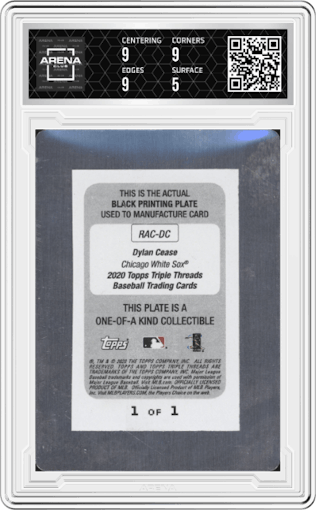 Dylan Cease from the 2020 Topps Triple Threads set featuring a Printing Plate Black parallel graded by Arena Club and given an overall grade of 5.5.